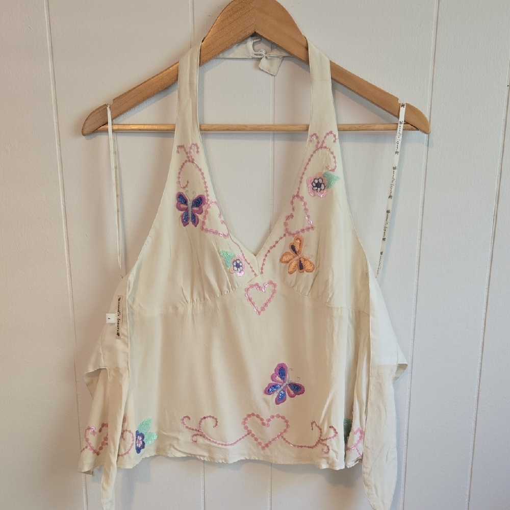 Nanette Lepore Cream Halter Top with Multicolor Embroidery